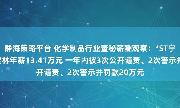 静海策略平台 化学制品行业董秘薪酬观察：*ST宁科前董秘张宝林年薪13.41万元 一年内被3次公开谴责、2次警示并罚款20万元